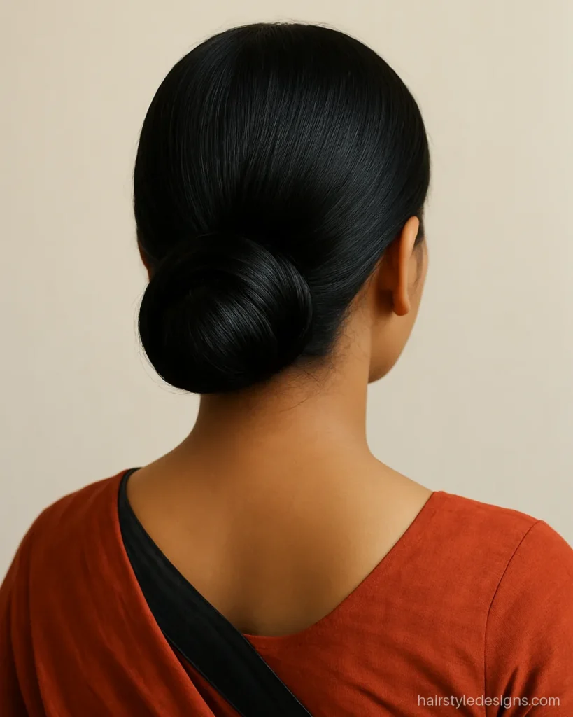 Simple juda hairstyle with a centre part and a neat low round bun