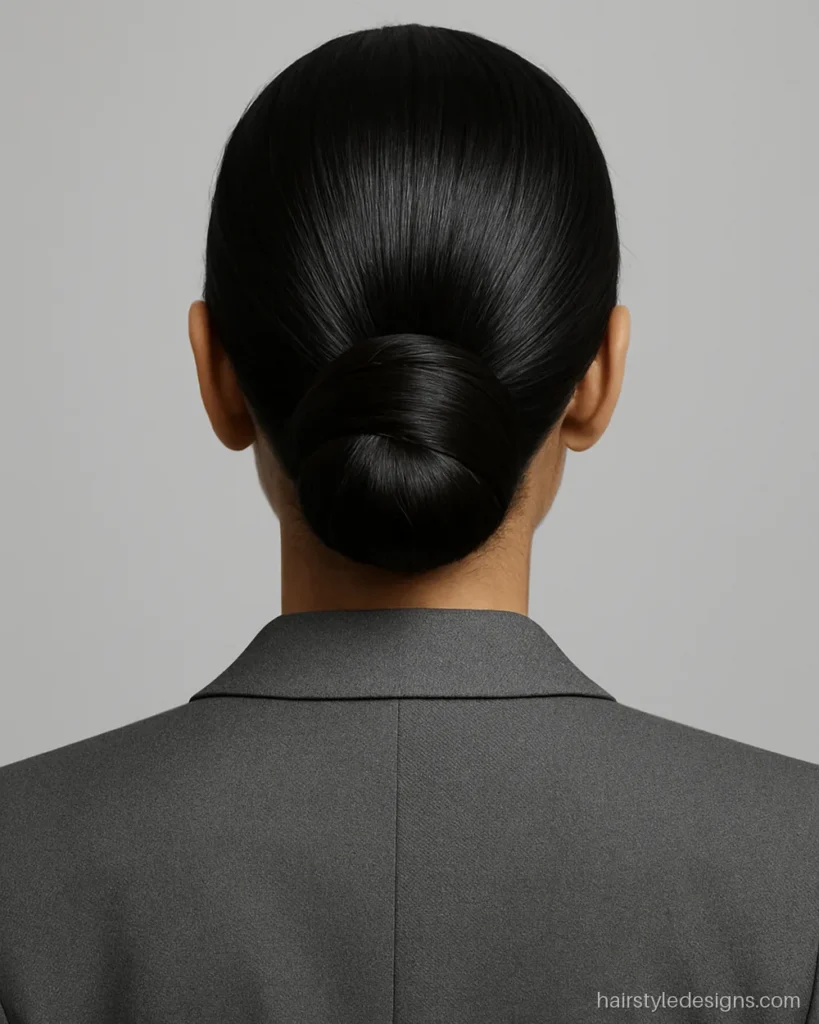 Sleek low bun hairstyle with smooth sides for office and interviews