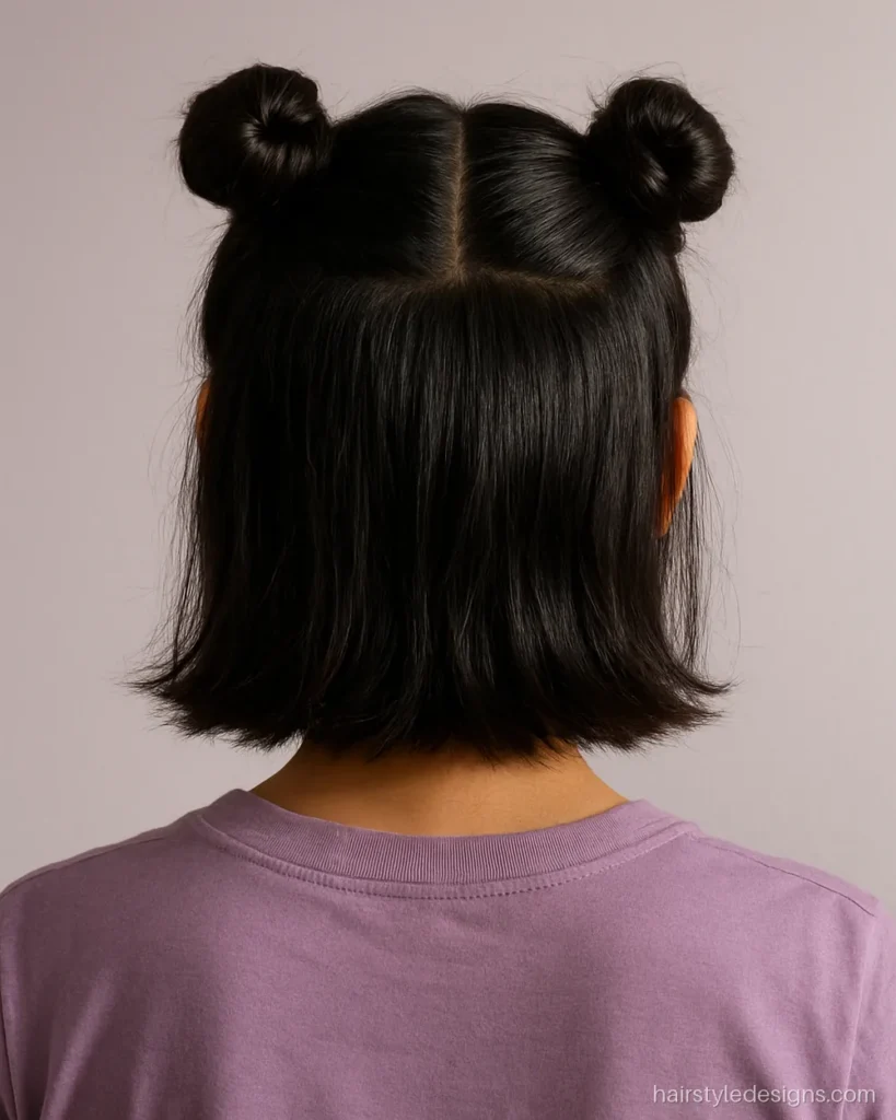 Space buns hairstyle with two small twisted buns on top