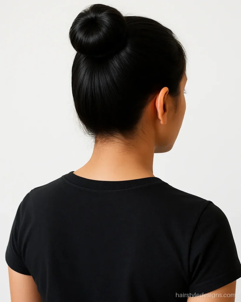 Top knot hairstyle with a sleek high crown and round bun
