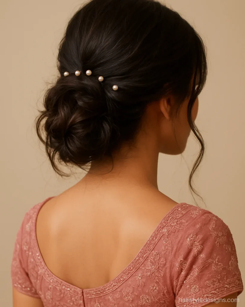 Bridesmaid hairstyle with a messy low bun and small pearl pins