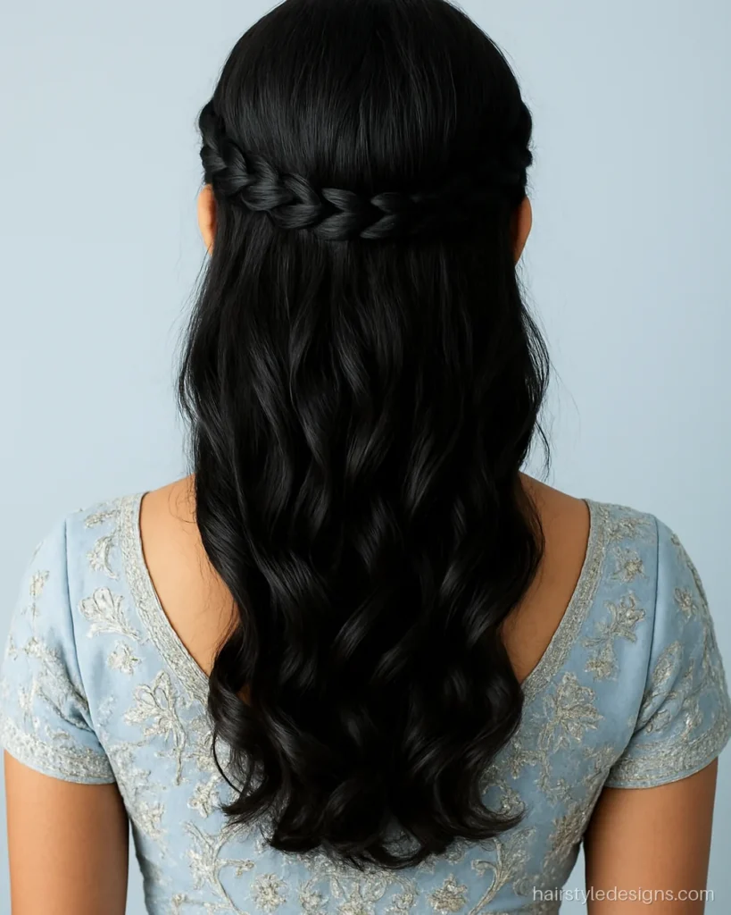 Engagement hairstyle for bride with a braided crown and loose curls