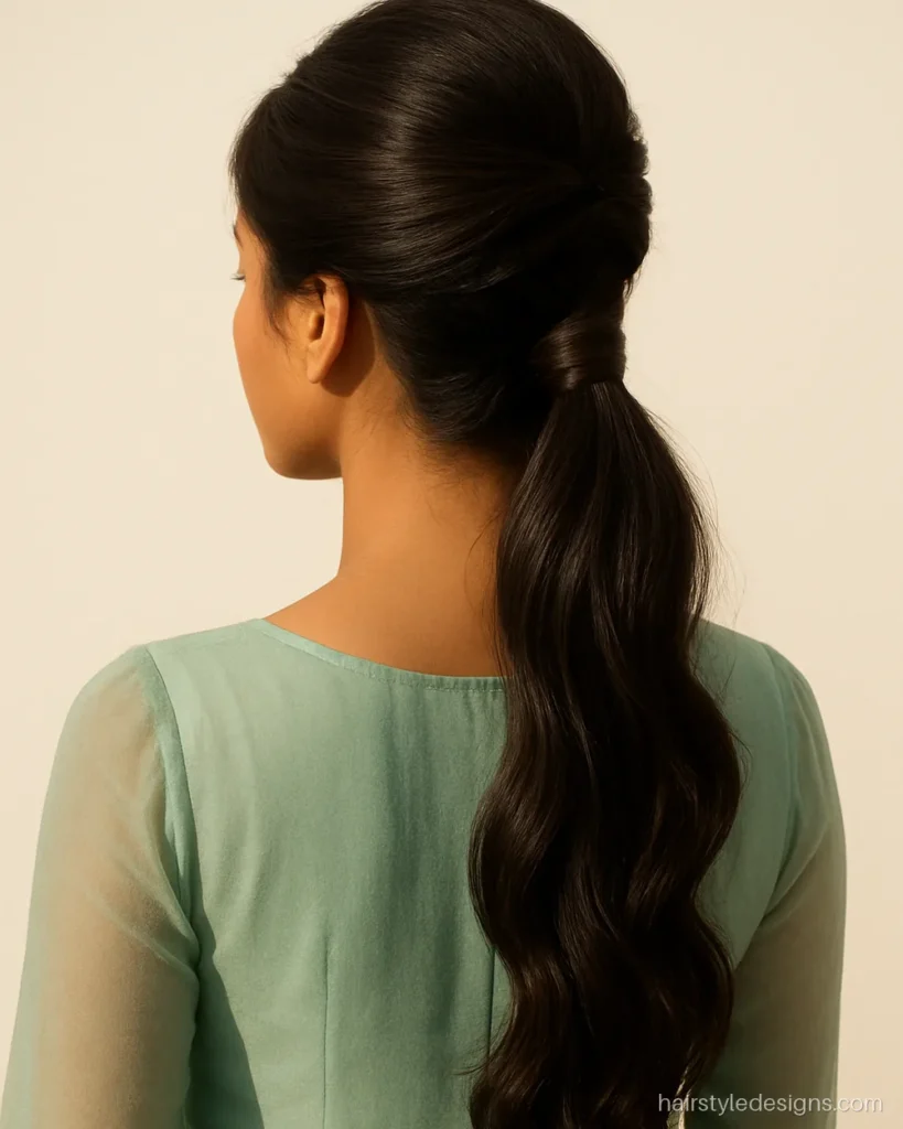 Front puff with a low wavy ponytail, a front hairstyle for engagement