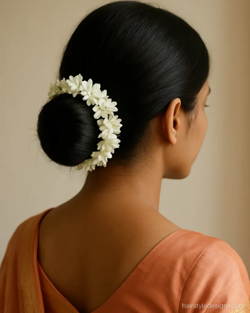 Simple engagement hairstyle for saree with a neat bun and mogra ring