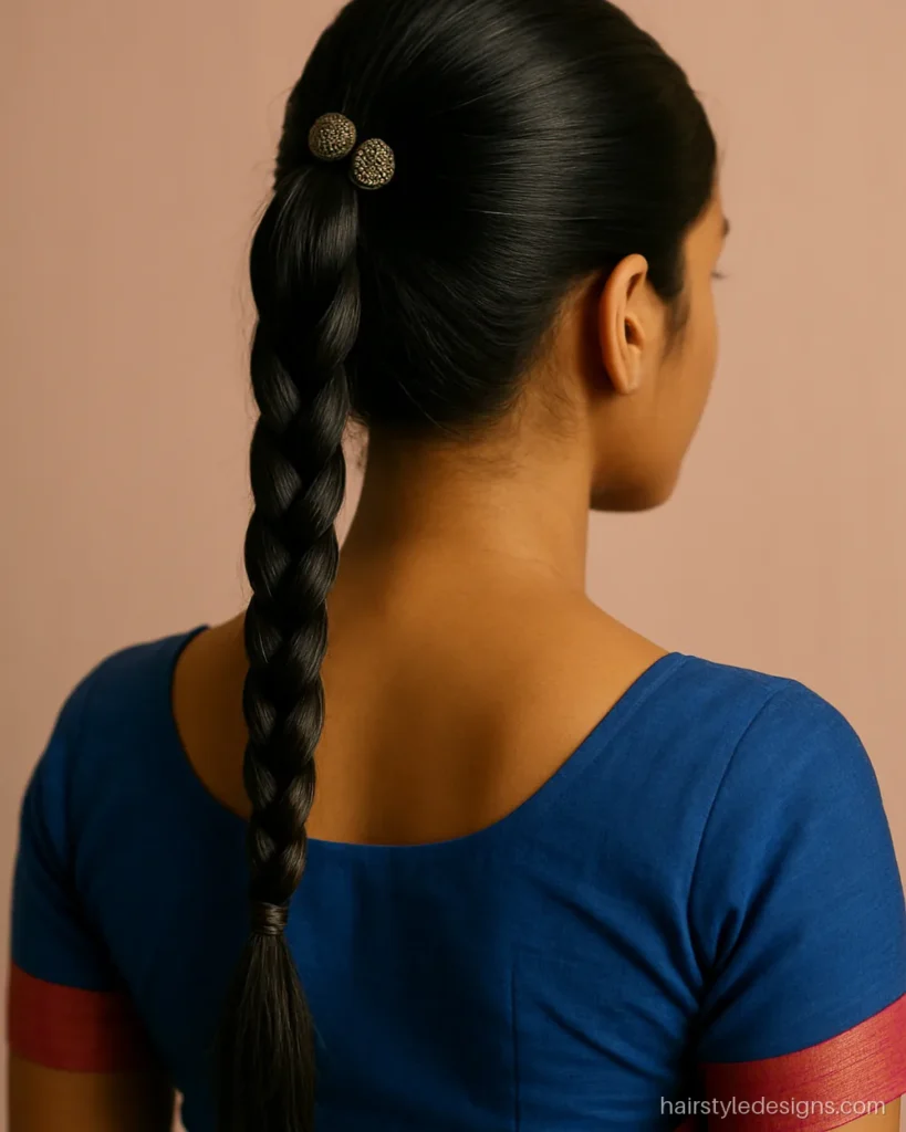 Garba hairstyle with a high braided ponytail and small oxidised silver clips