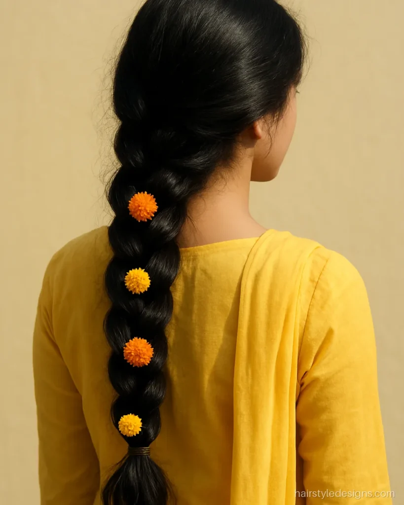 Haldi hairstyle for bride with a loose side braid and marigold flowers