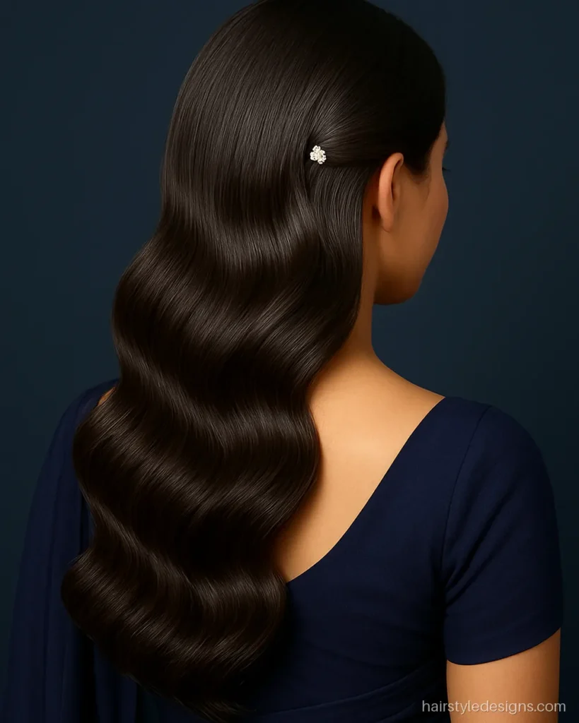 Glossy open waves with a jewelled side clip, a hairstyle for women wedding guests