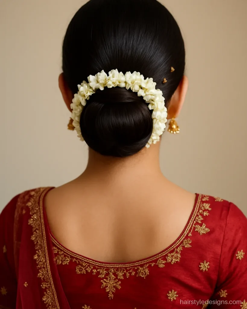 Bridal bun hairstyle with a low chignon wrapped in a full mogra gajra