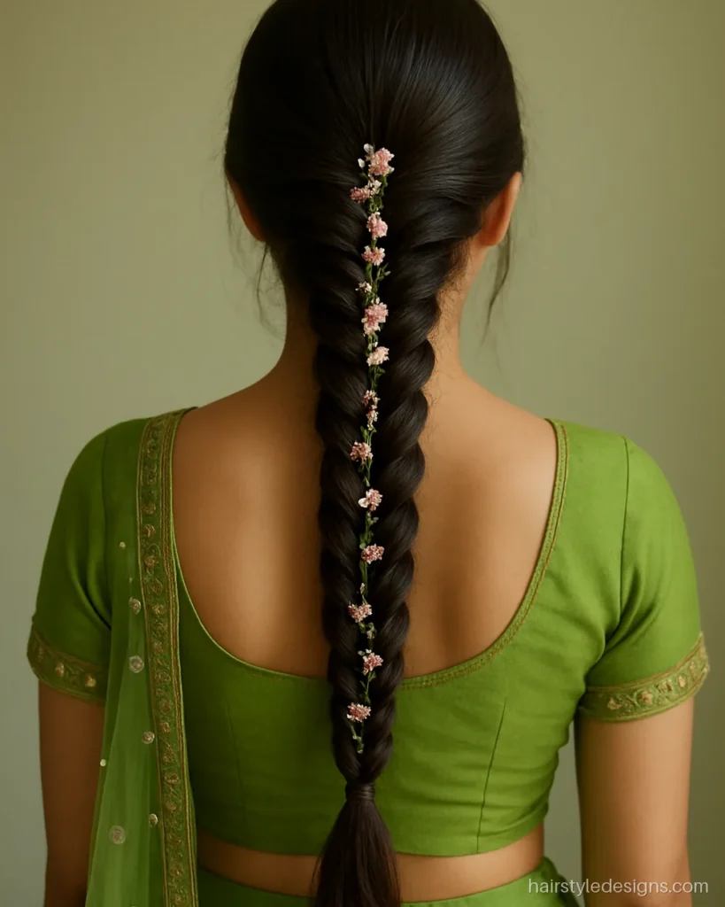 Mehndi hairstyle with a long fishtail braid and floral hair chain