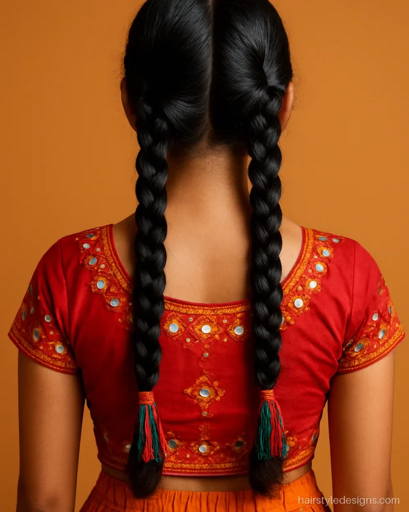 Navratri hairstyle with two braids and coloured tassels for garba