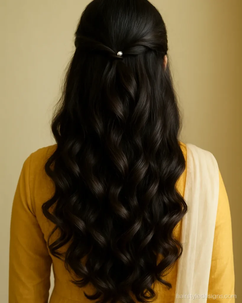 Open hair hairstyle for wedding with loose curls and a twisted crown section