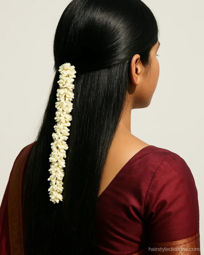 Open hair with a side gajra strand, an open hairstyle for saree wedding events