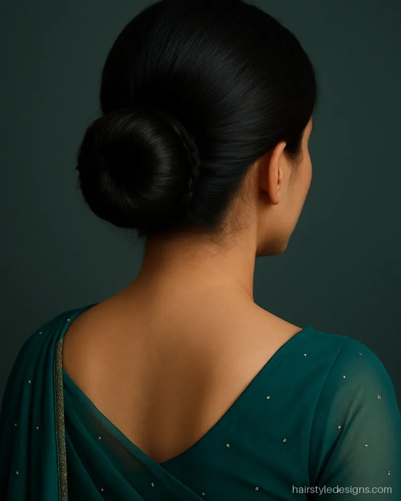Party bun hairstyle for saree with a braid wrapped around the bun