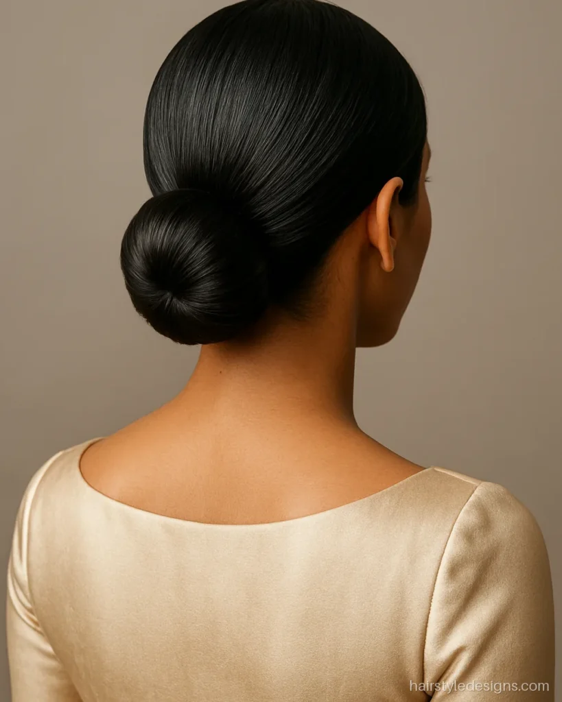Reception Indian bridal hairstyle with a sleek low bun for a gown