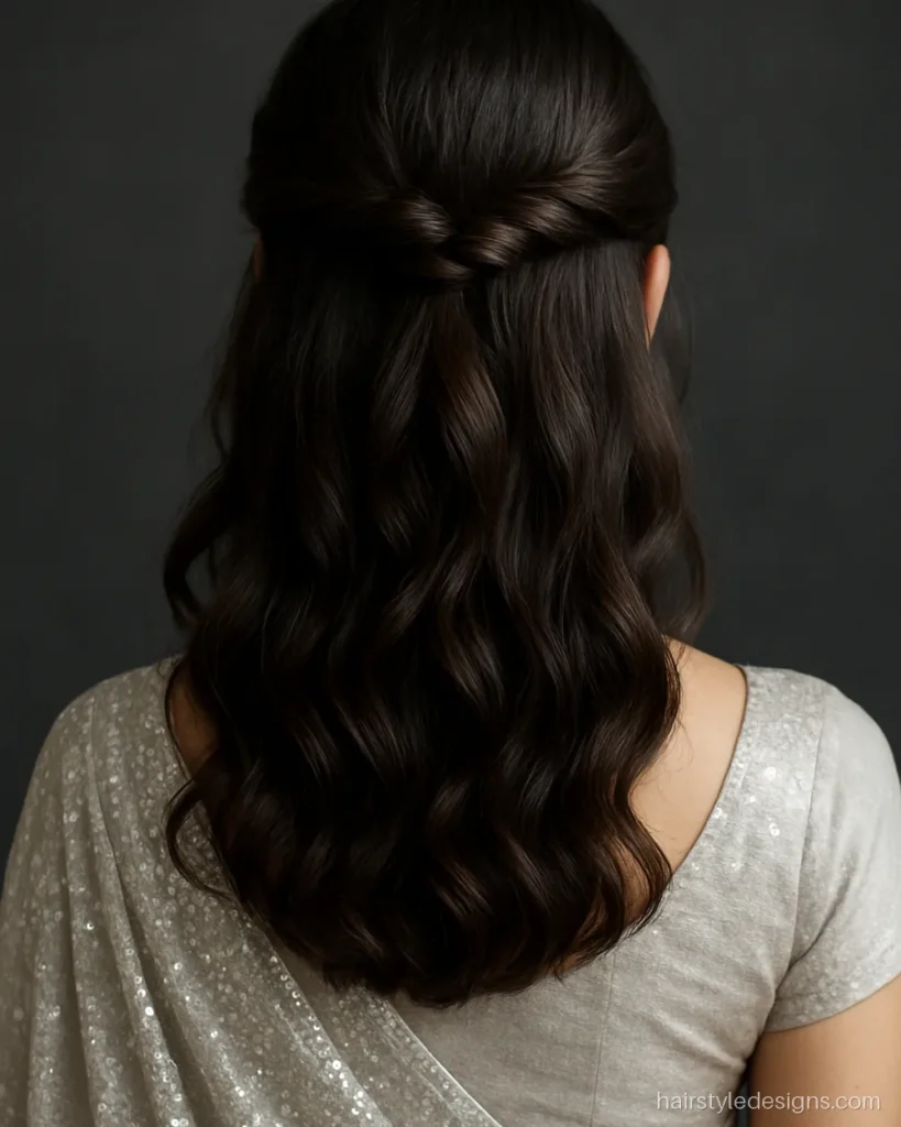 Twisted half updo with soft curls for an Indian reception look