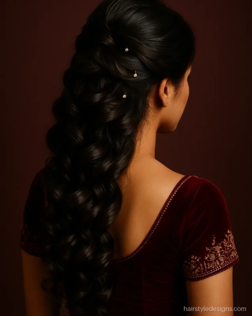 Reception hairstyle for bride with voluminous curls pinned to one side