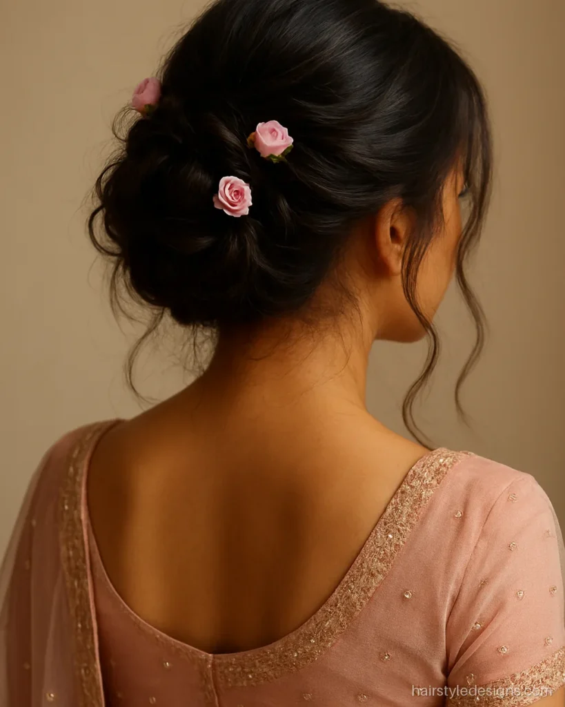 Messy bridal bun studded with small pink roses for a wedding day look