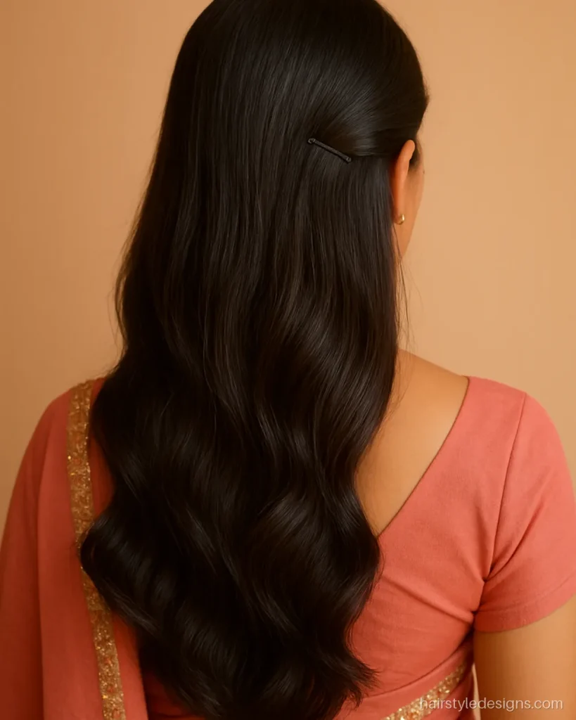 Engagement hairstyle for round face with a deep side part and long waves