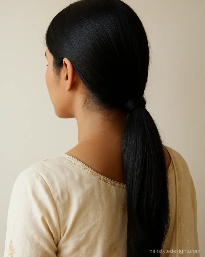 Party hairstyle with sharara dress, a sleek low side ponytail