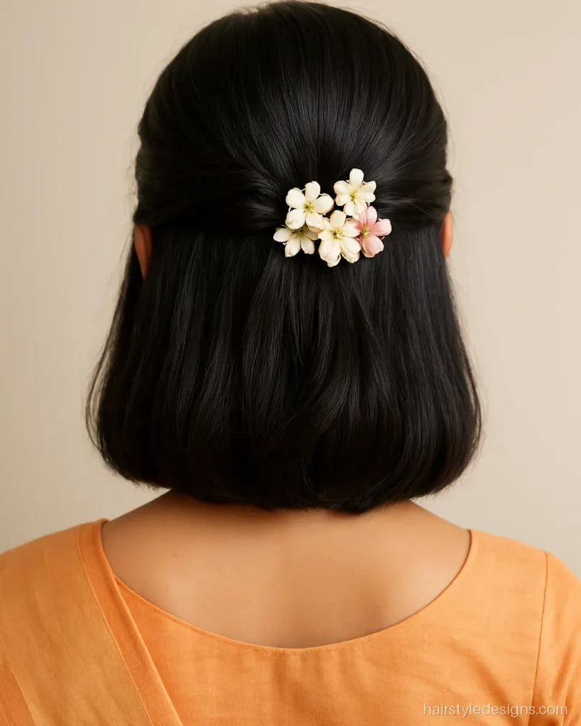 Short hair hairstyle girl for wedding with twisted sides and pinned flowers