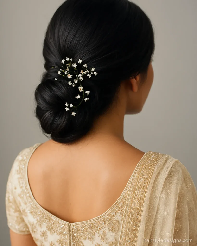 Side swept bridal bun with white gypsophila sprigs for a lehenga