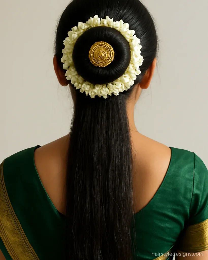 South Indian bridal bun hairstyle with jasmine veni and a gold hair ornament