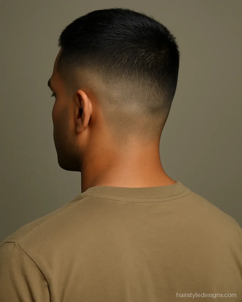 Army cut hairstyle, high and tight, with a short top and clipped sides