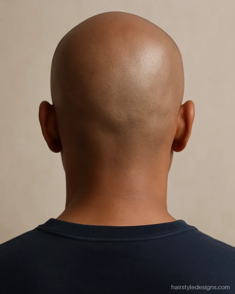 Bald hairstyle for men with a smooth razor shave and light shine