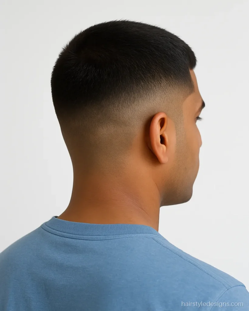 Bullet cutting hairstyle with a low fade on the sides and round top