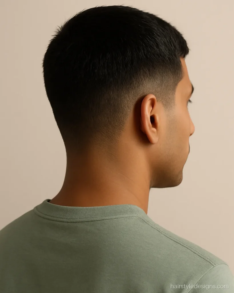 Bus cut hairstyle without beard, with a slightly longer top and taper