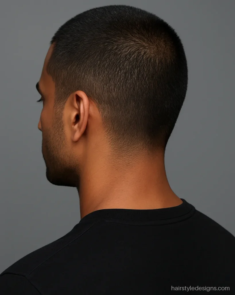 Bus cut hairstyle men with short stubble beard seen from the side