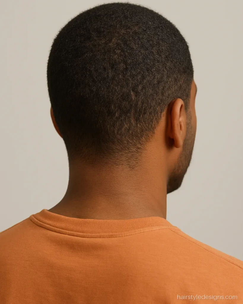 Buzzcut bus cut hairstyle on tight curly hair, clipped short and even