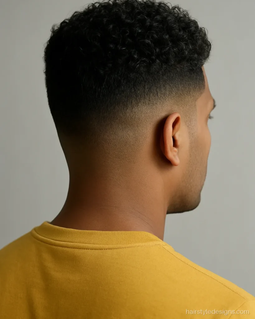 Men crew cut hairstyle for curly hair with a short curly top and taper