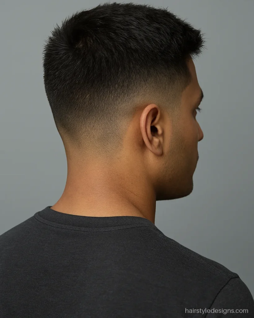 Crew cut hairstyle men with a textured top and low fade