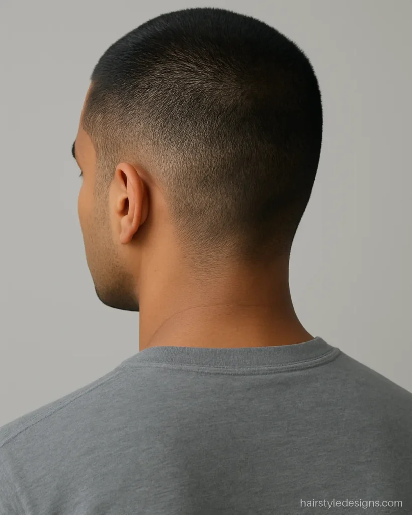 Buzz cut hairstyle for men with an even number 2 clipper all over