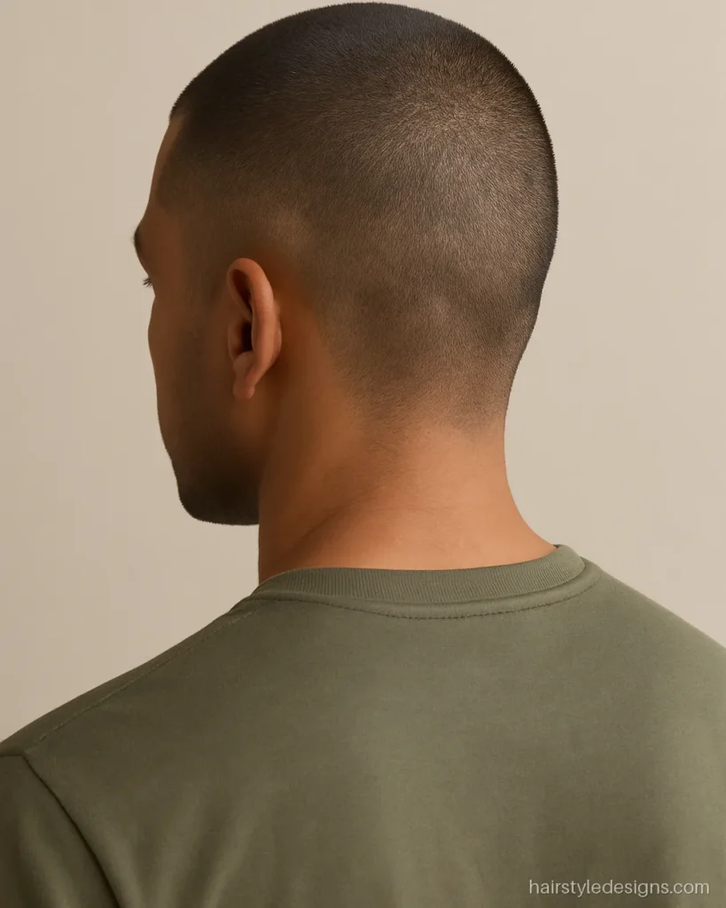 Very short buzz hairstyle with a number 1 induction cut showing the scalp
