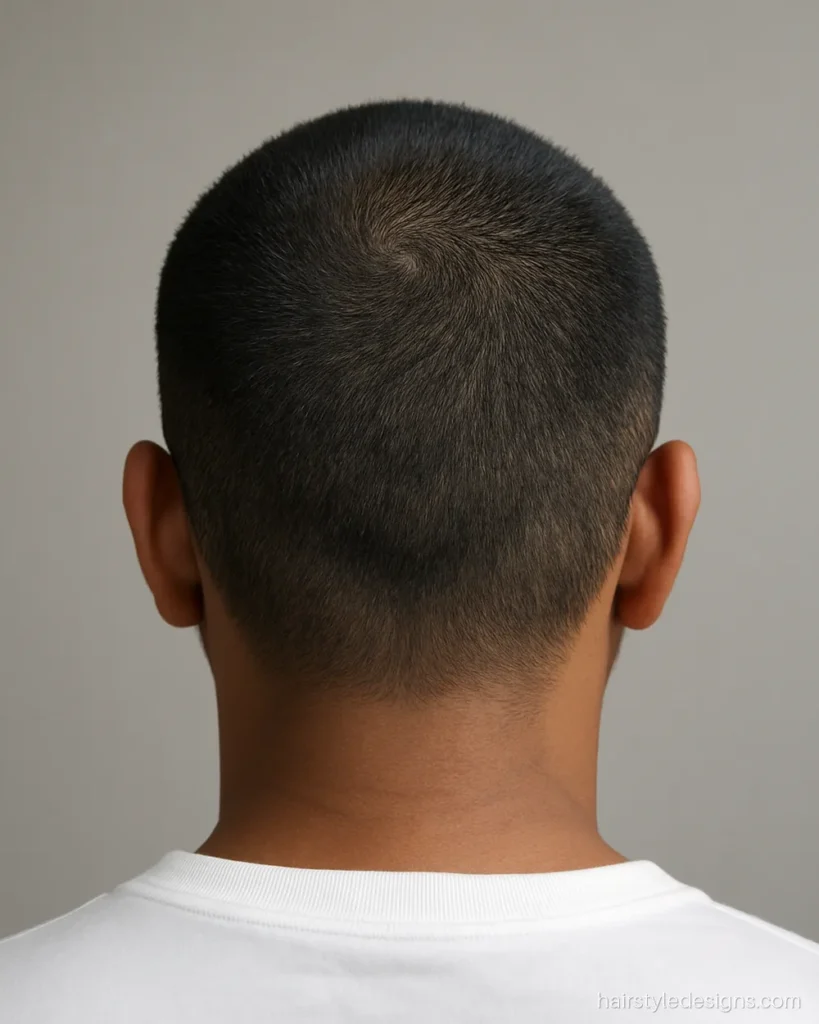 Male bullet hairstyle seen from the top with a smooth round crown