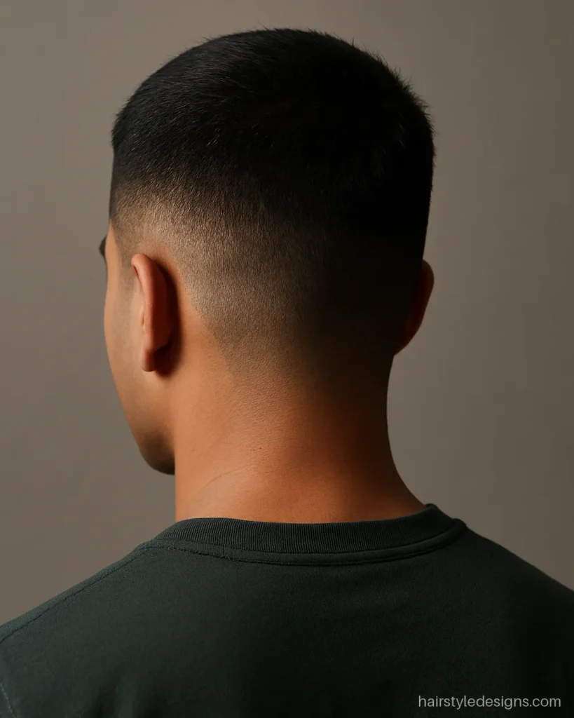 Military cut hairstyle with a short top and blocked neckline