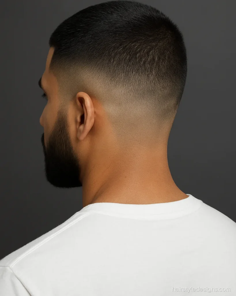 Buzz cut hairstyle with beard and a mid skin fade on the sides