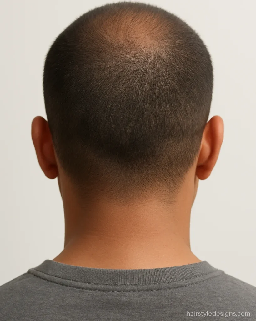 Short buzz cut hairstyle for thin hair that hides a thinning crown