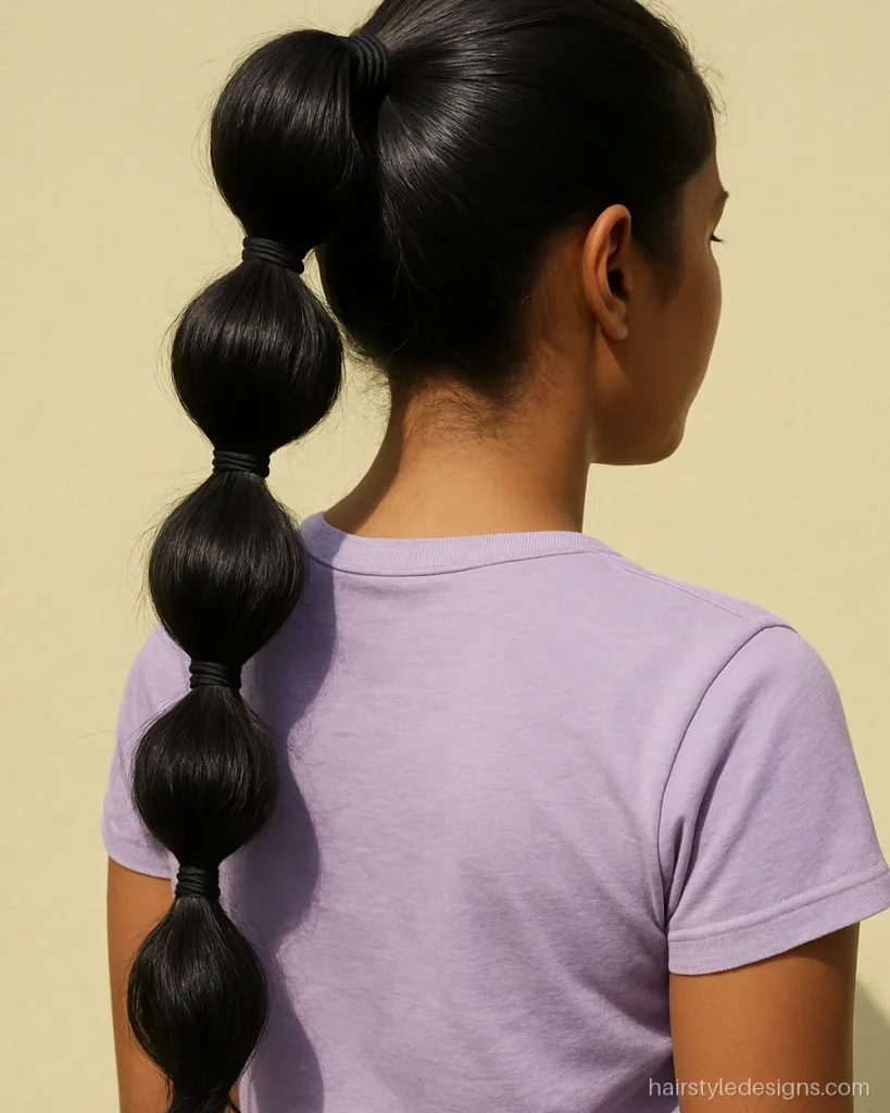 Bubble braid hairstyle with small elastics down a high ponytail