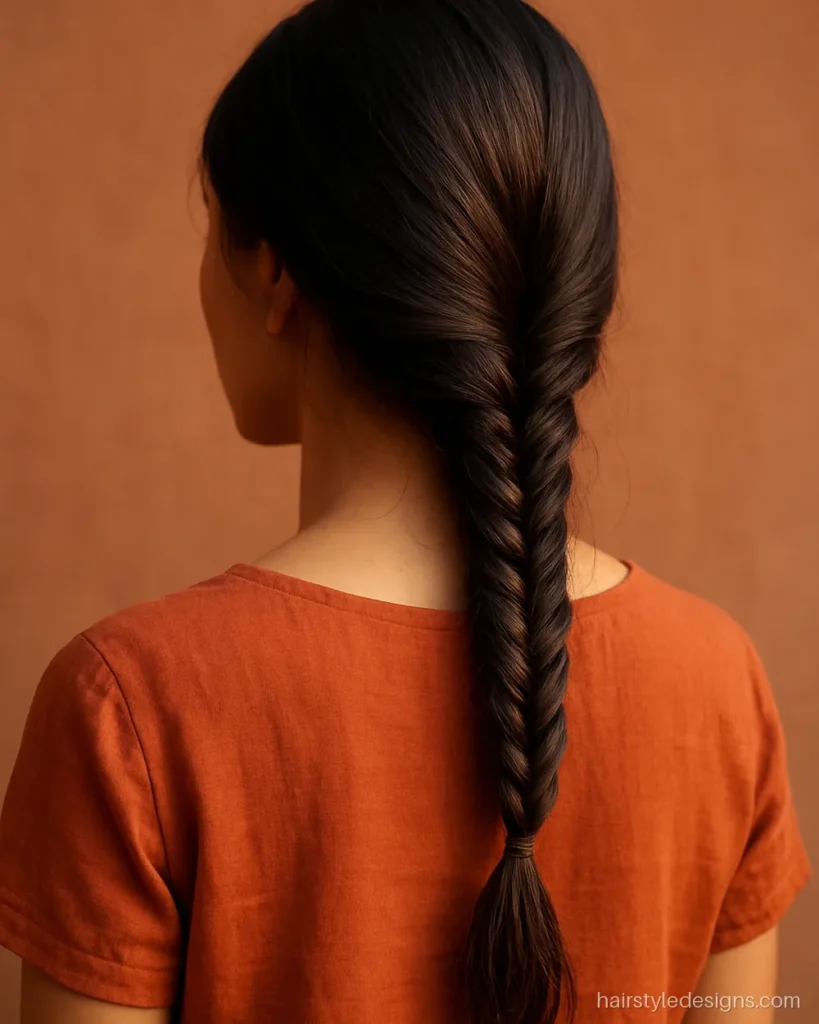 Fishtail braid hairstyle loose over one shoulder with a woven look