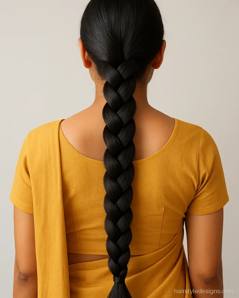 Four strand braid hairstyle on very long thick hair