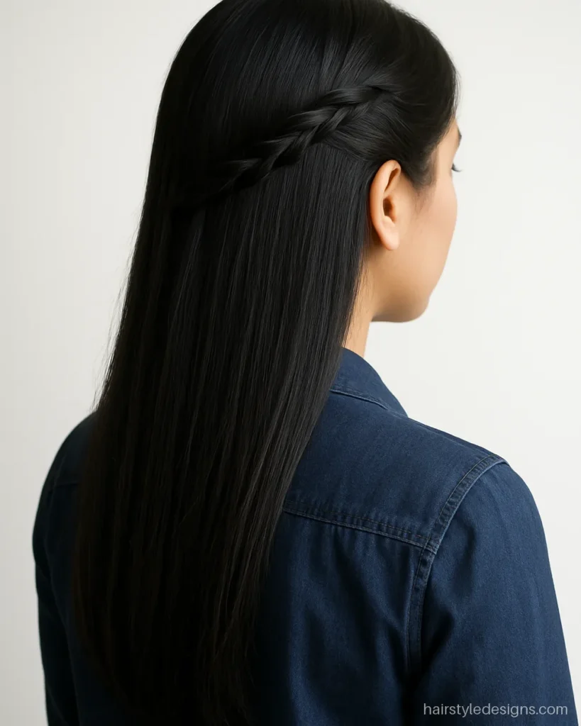 Front braid hairstyle with open hair and a small side braid pinned back
