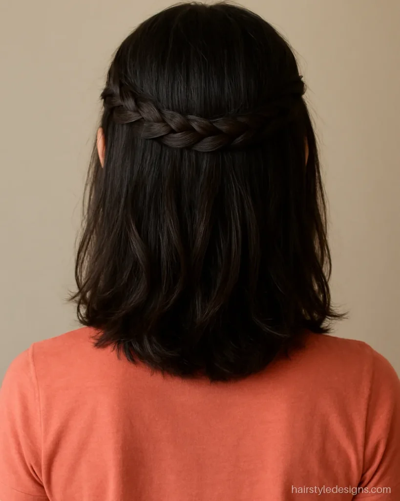 French braid hairstyle front, a braided headband across the head