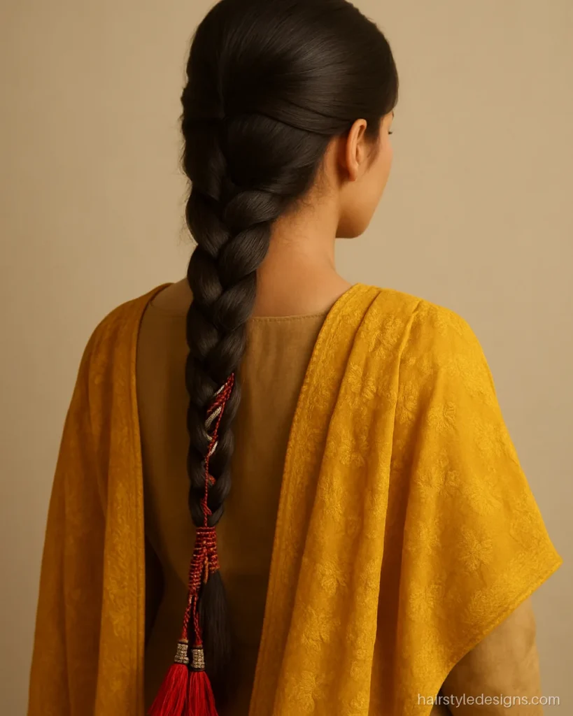 Front hairstyle with paranda, a small puff and a long braided choti