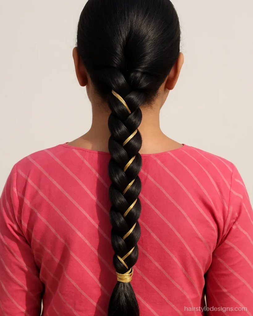 Gota braid hairstyle with gota patti ribbon wrapped through a choti