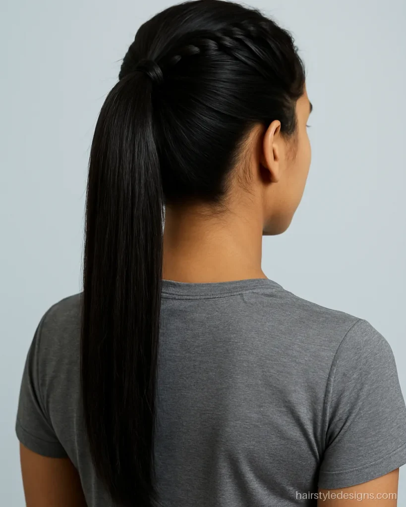 Indian front braid hairstyle leading into a high ponytail