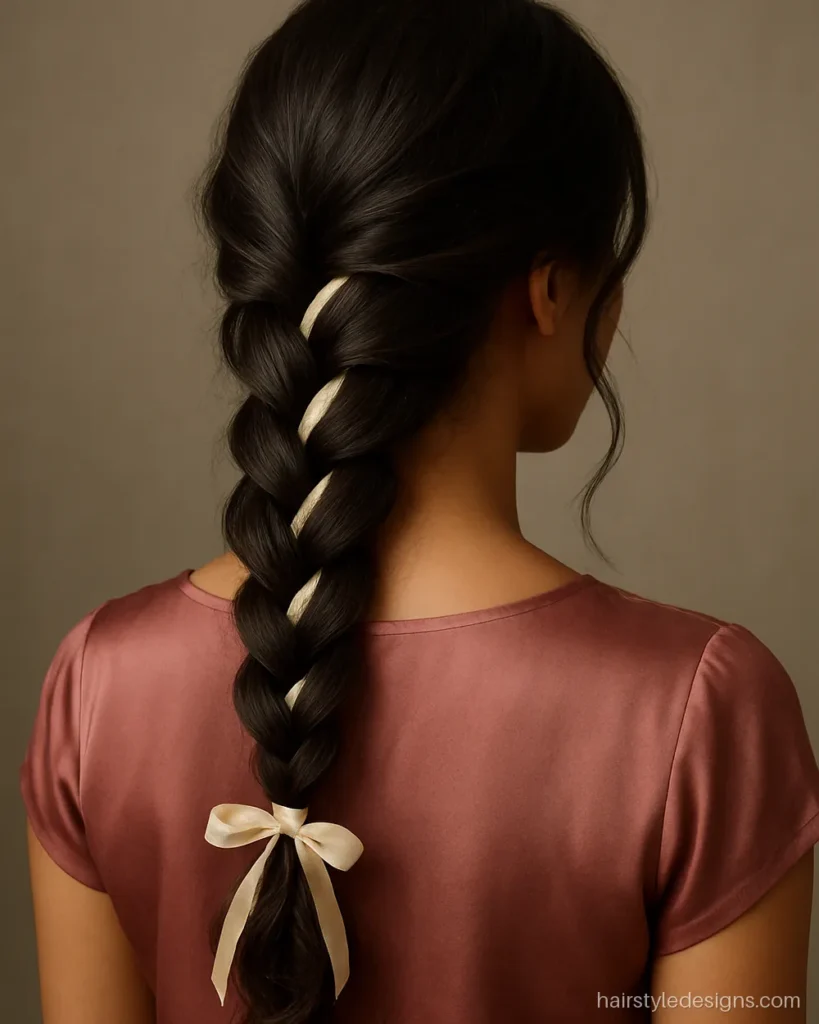 Loose braid hairstyle on the side with a satin ribbon woven in