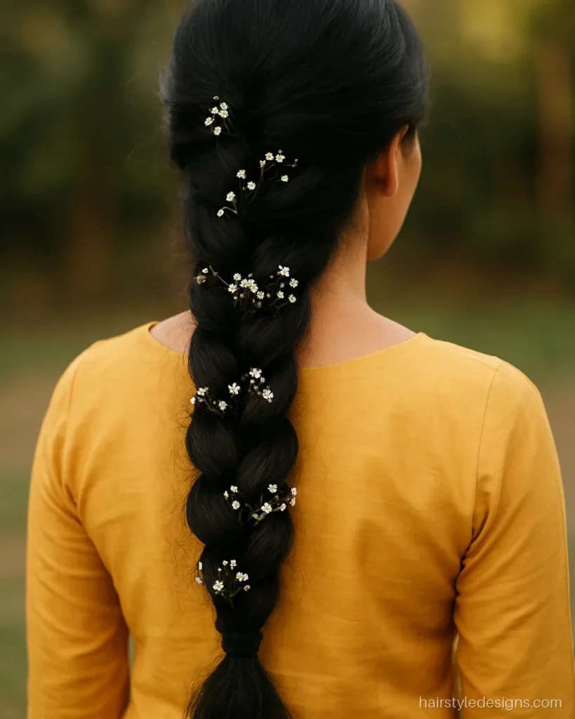 Messy braid hairstyle with flowers tucked into the loose loops
